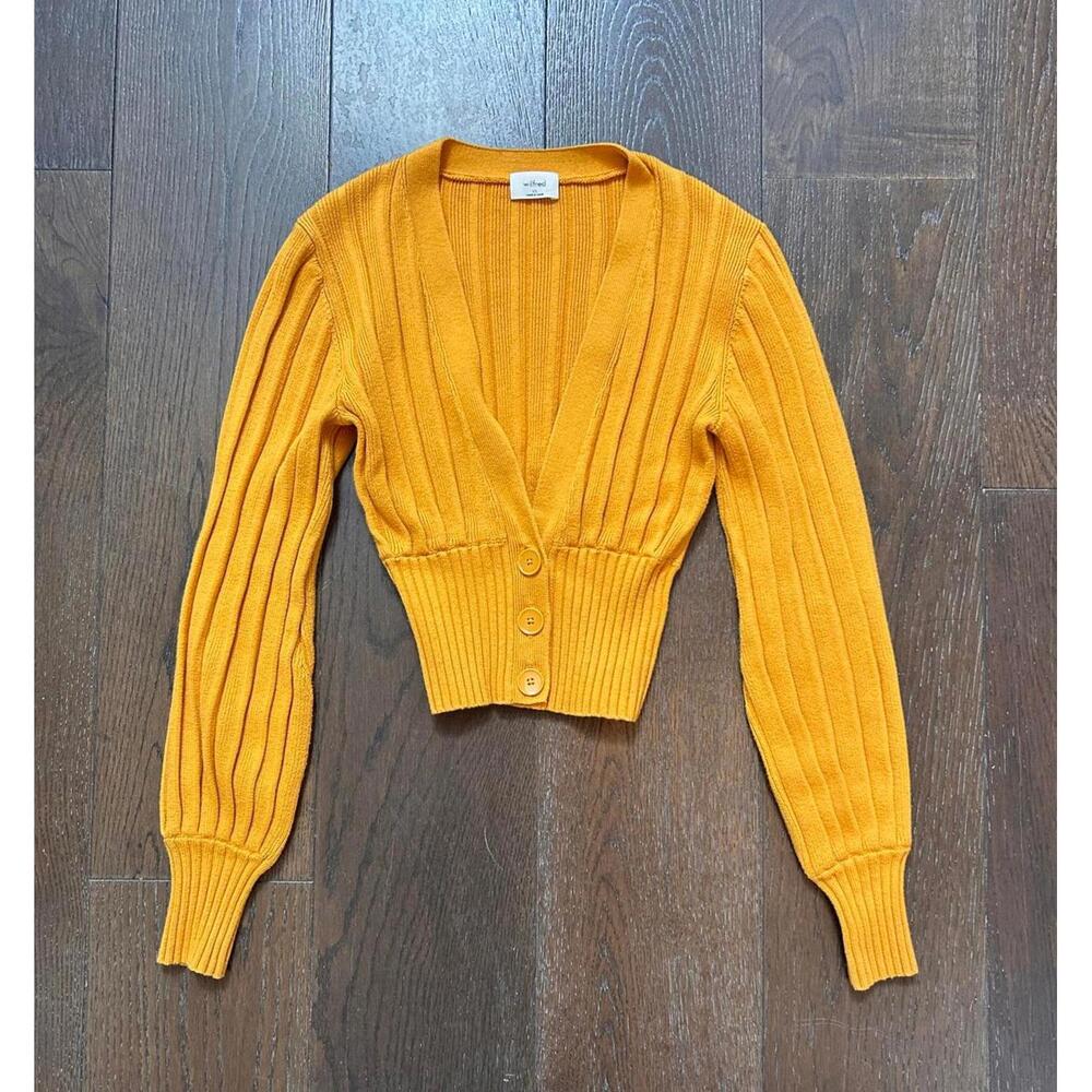 Aritzia Wilfred Women's Knit Cardigan Wool Cotton Ribbed Mustard Yellow Size XS
